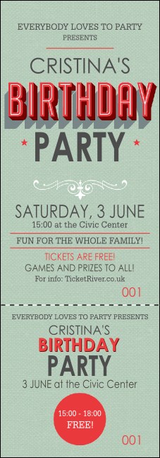Birthday Party Green Event Ticket Product Front