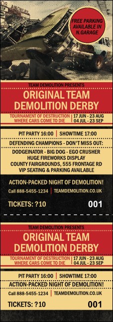 Demolition Derby Event Ticket Product Front